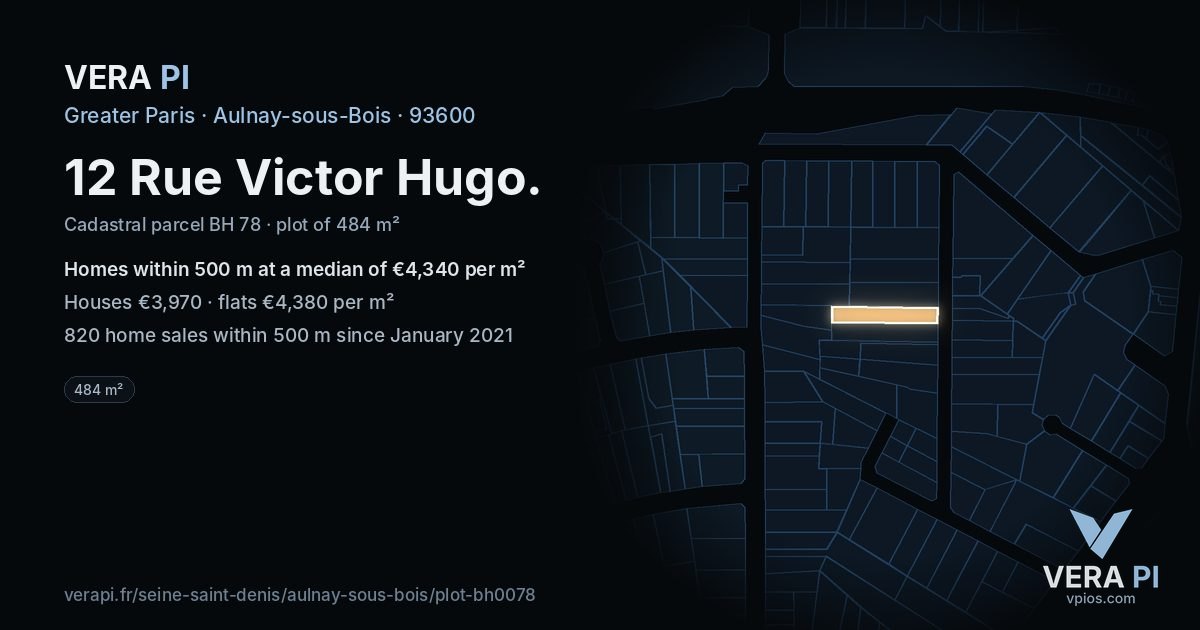12 Rue Victor Hugo, Aulnay-sous-Bois at night – the plot lit, the parcels around coloured by the prices near them