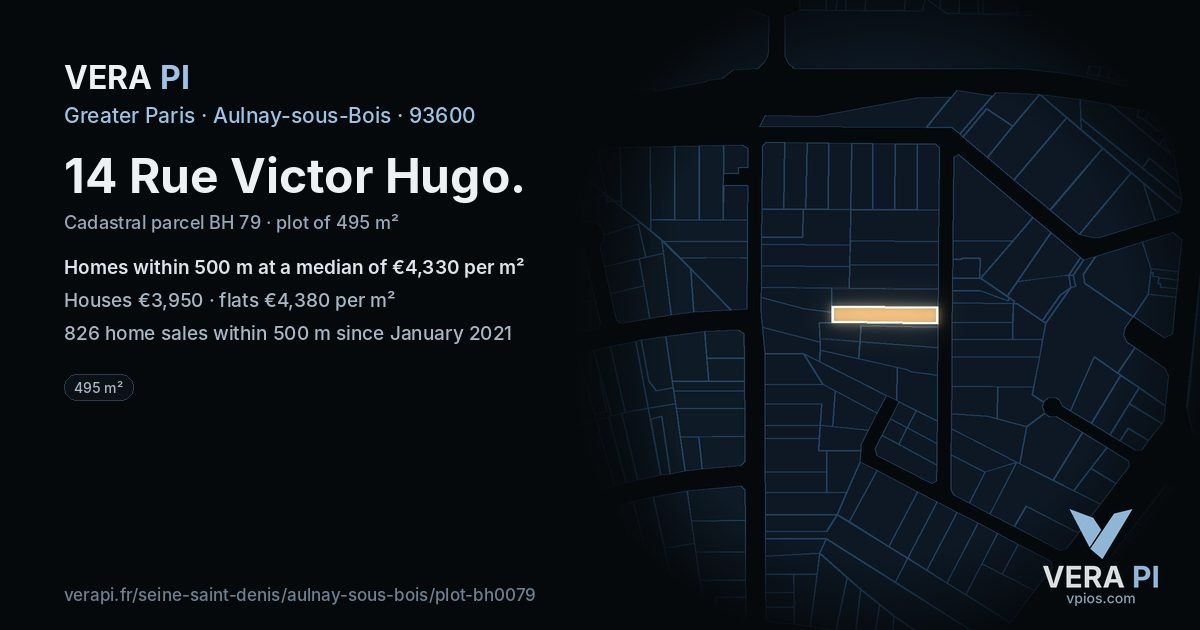 14 Rue Victor Hugo, Aulnay-sous-Bois at night – the plot lit, the parcels around coloured by the prices near them