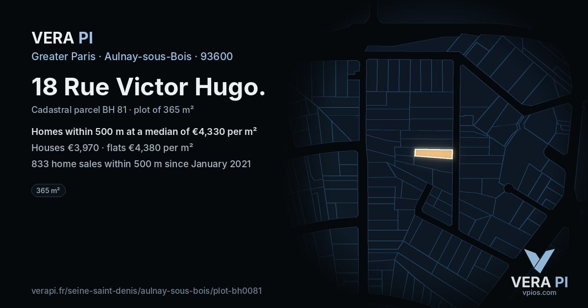 18 Rue Victor Hugo, Aulnay-sous-Bois at night – the plot lit, the parcels around coloured by the prices near them