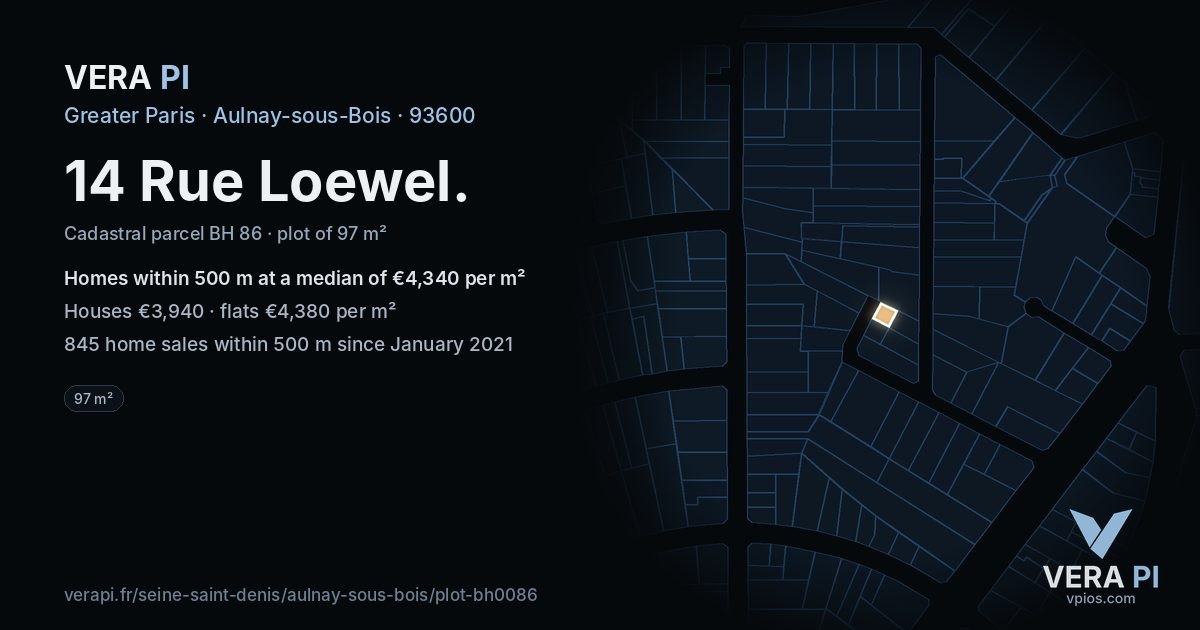 14 Rue Loewel, Aulnay-sous-Bois at night – the plot lit, the parcels around coloured by the prices near them