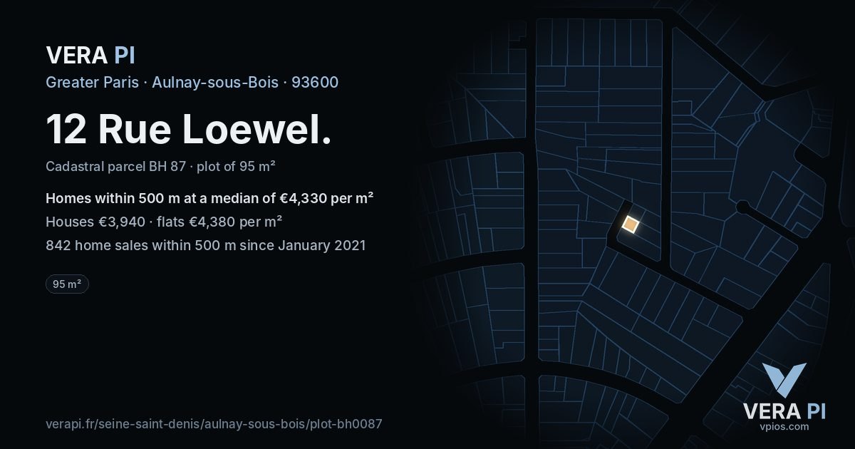 12 Rue Loewel, Aulnay-sous-Bois at night – the plot lit, the parcels around coloured by the prices near them