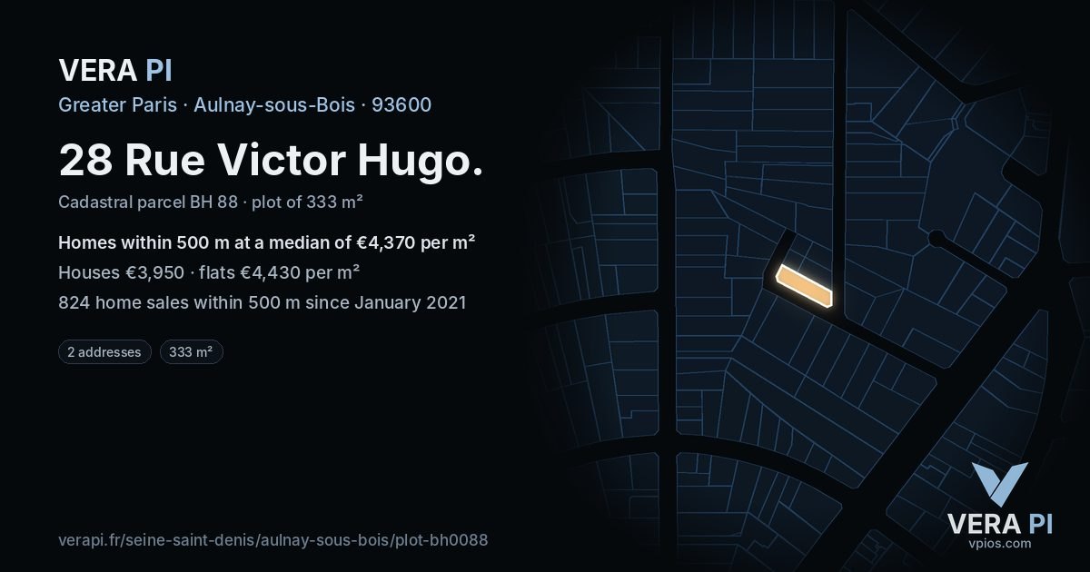 28 Rue Victor Hugo, Aulnay-sous-Bois at night – the plot lit, the parcels around coloured by the prices near them