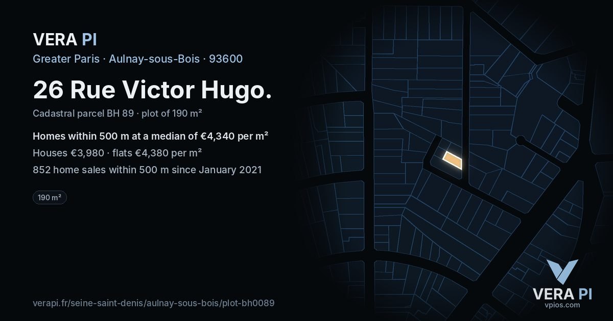 26 Rue Victor Hugo, Aulnay-sous-Bois at night – the plot lit, the parcels around coloured by the prices near them