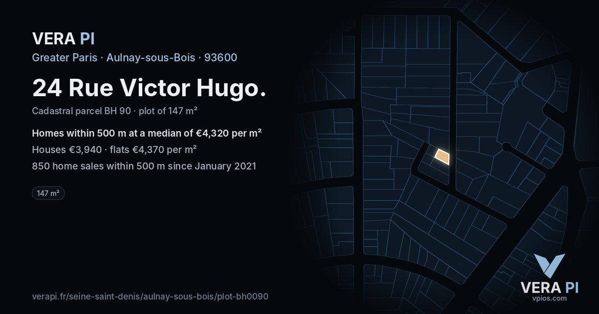 24 Rue Victor Hugo, Aulnay-sous-Bois at night – the plot lit, the parcels around coloured by the prices near them