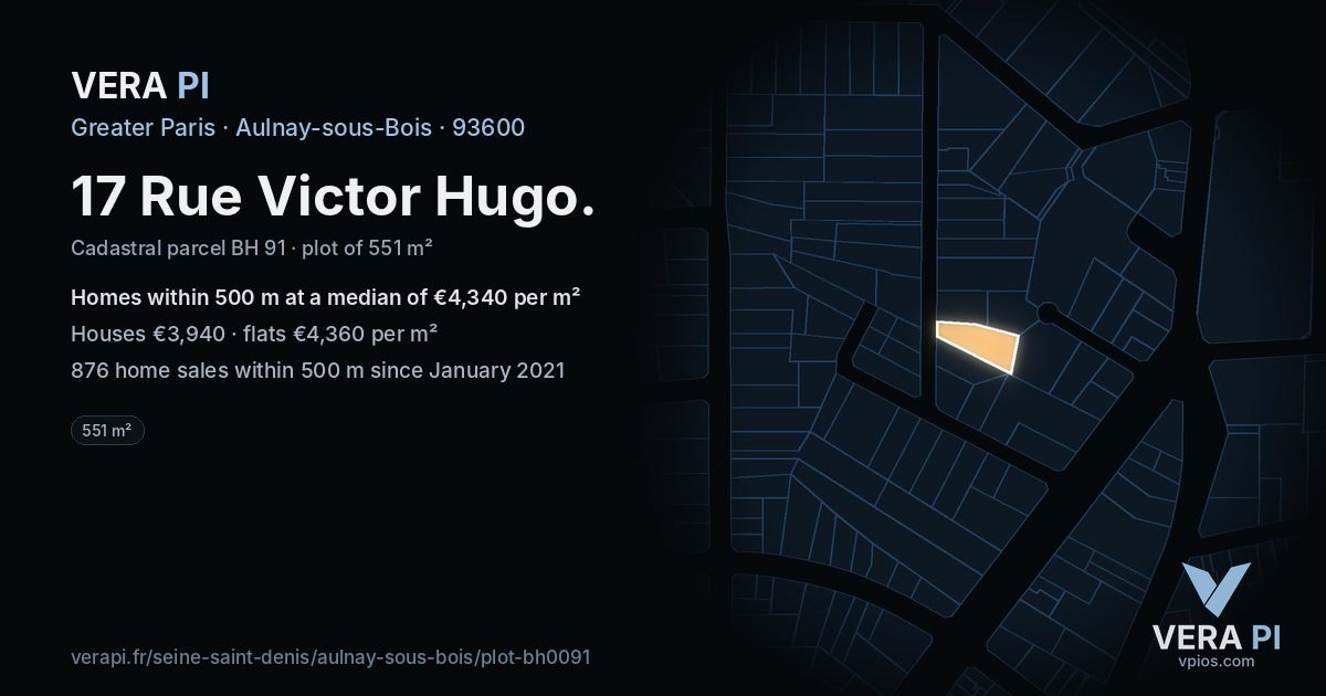 17 Rue Victor Hugo, Aulnay-sous-Bois at night – the plot lit, the parcels around coloured by the prices near them
