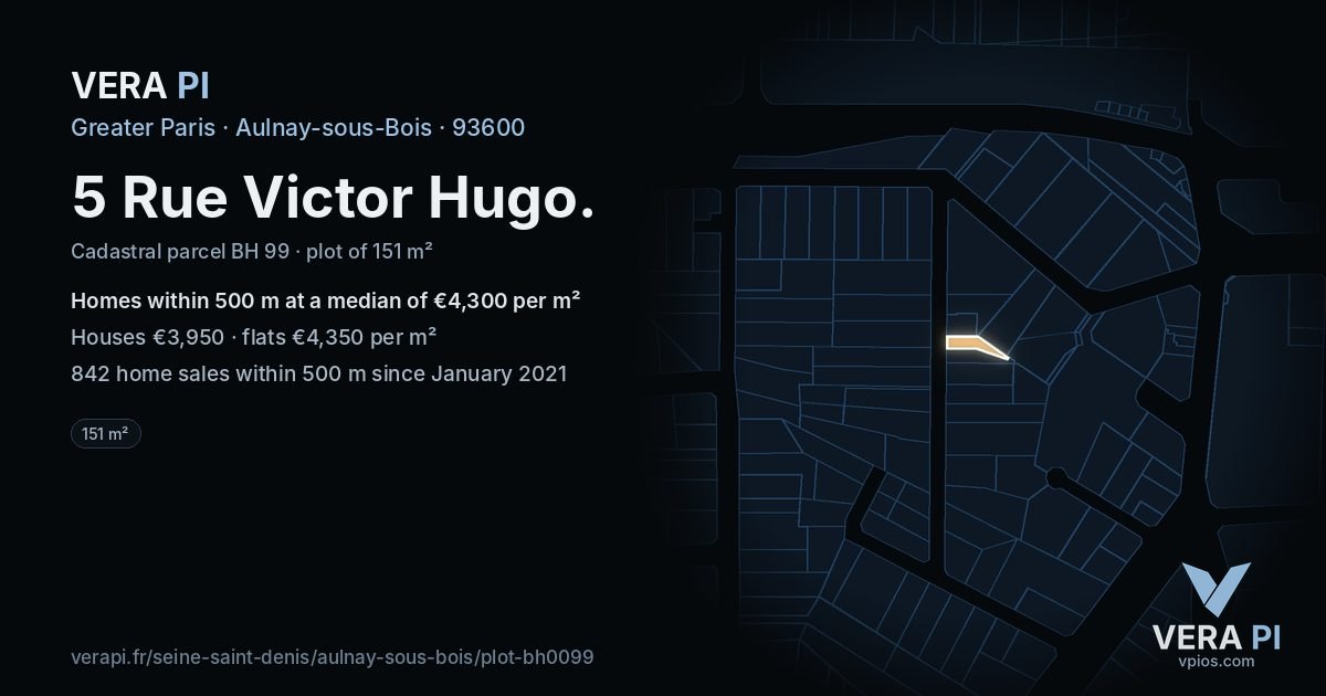 5 Rue Victor Hugo, Aulnay-sous-Bois at night – the plot lit, the parcels around coloured by the prices near them