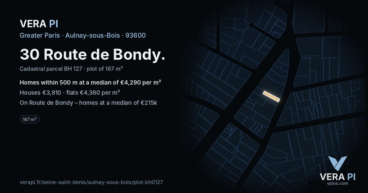 30 Route de Bondy, Aulnay-sous-Bois at night – the plot lit, the parcels around coloured by the prices near them