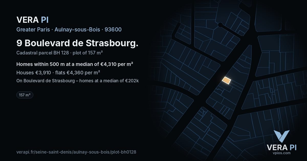 9 Boulevard de Strasbourg, Aulnay-sous-Bois at night – the plot lit, the parcels around coloured by the prices near them