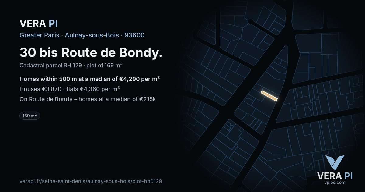 30 bis Route de Bondy, Aulnay-sous-Bois at night – the plot lit, the parcels around coloured by the prices near them