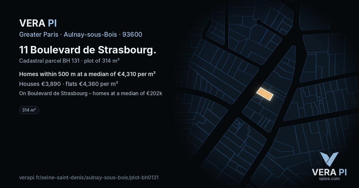 11 Boulevard de Strasbourg, Aulnay-sous-Bois at night – the plot lit, the parcels around coloured by the prices near them