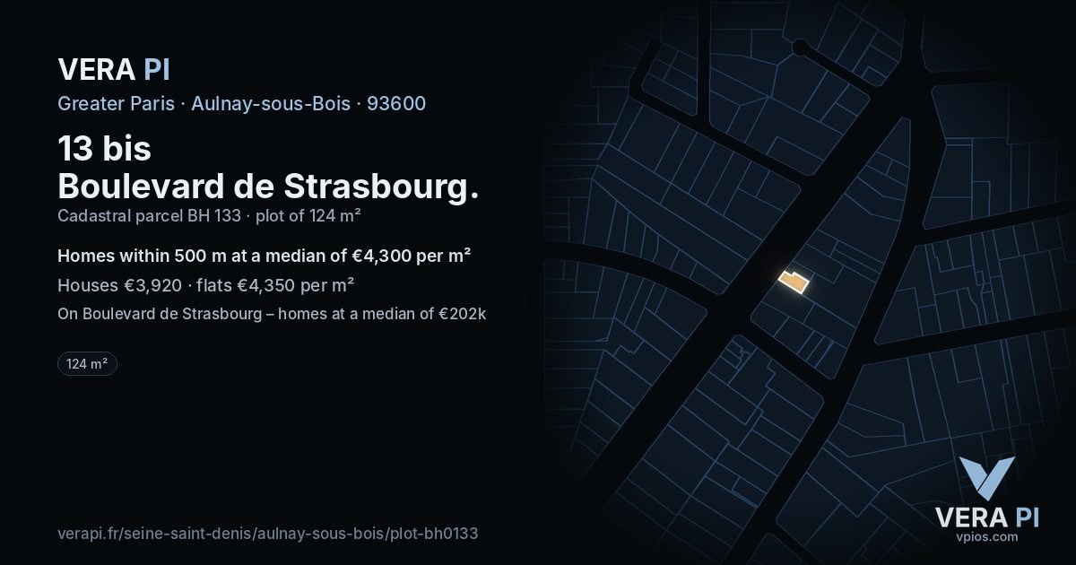 13 bis Boulevard de Strasbourg, Aulnay-sous-Bois at night – the plot lit, the parcels around coloured by the prices near them