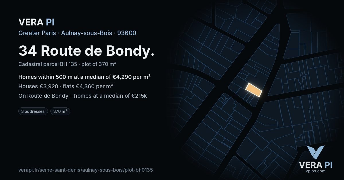 34 Route de Bondy, Aulnay-sous-Bois at night – the plot lit, the parcels around coloured by the prices near them