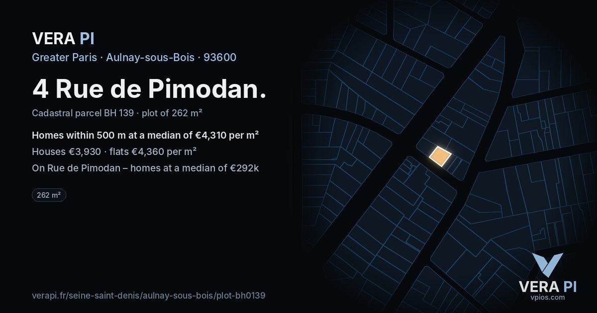 4 Rue de Pimodan, Aulnay-sous-Bois at night – the plot lit, the parcels around coloured by the prices near them