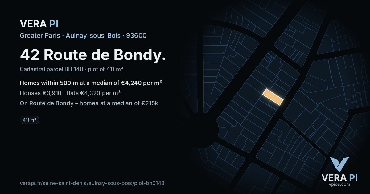 42 Route de Bondy, Aulnay-sous-Bois at night – the plot lit, the parcels around coloured by the prices near them