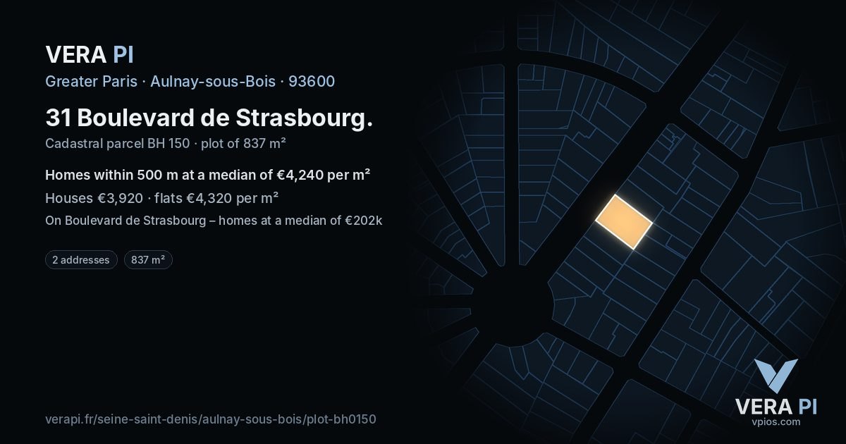 31 Boulevard de Strasbourg, Aulnay-sous-Bois at night – the plot lit, the parcels around coloured by the prices near them