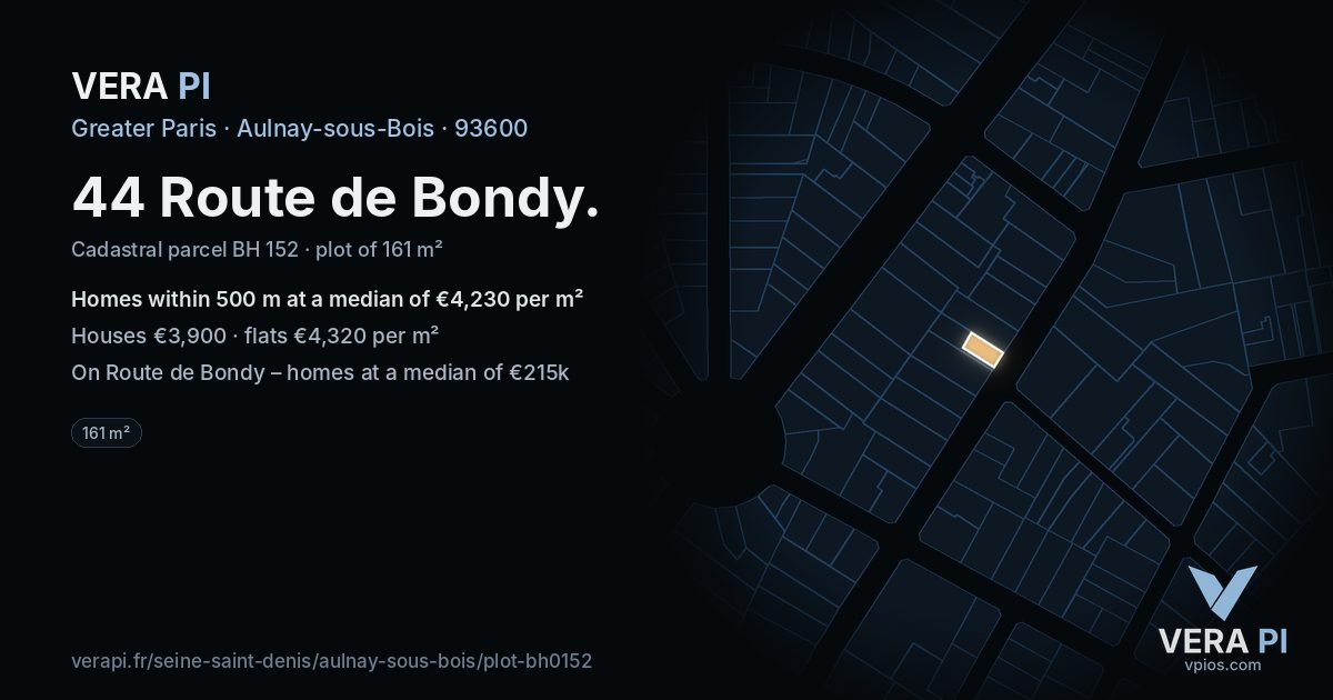 44 Route de Bondy, Aulnay-sous-Bois at night – the plot lit, the parcels around coloured by the prices near them