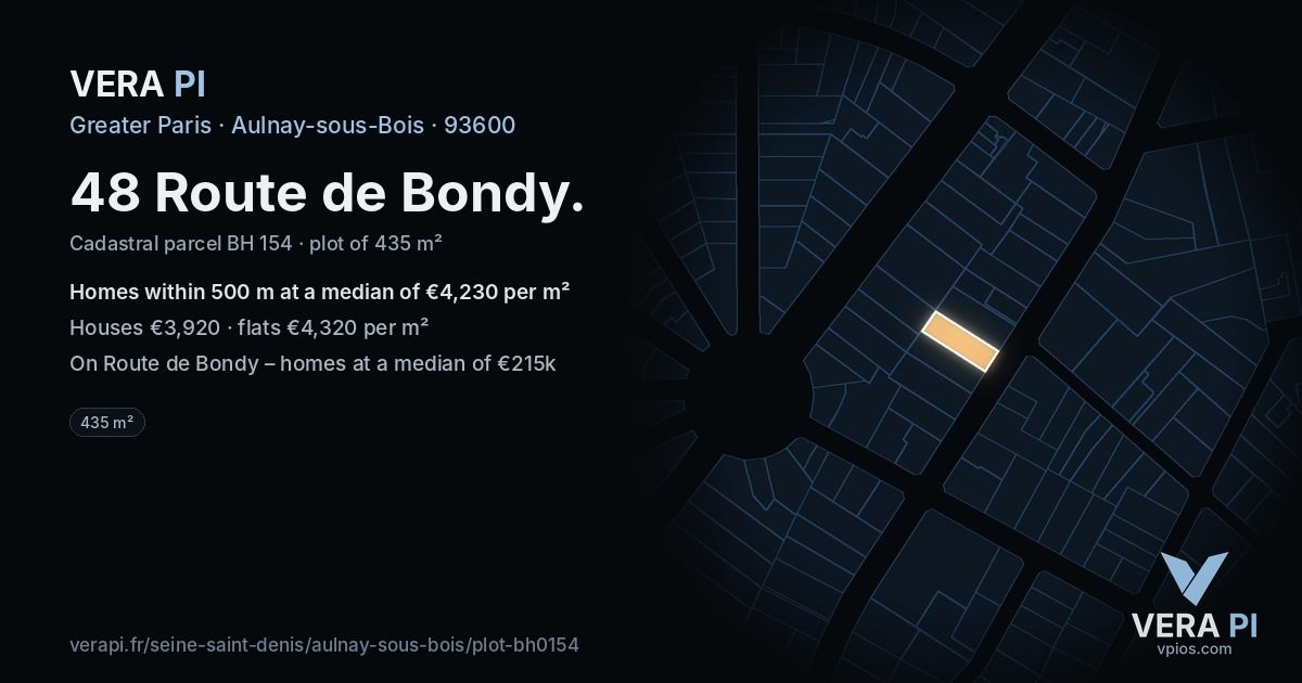 48 Route de Bondy, Aulnay-sous-Bois at night – the plot lit, the parcels around coloured by the prices near them