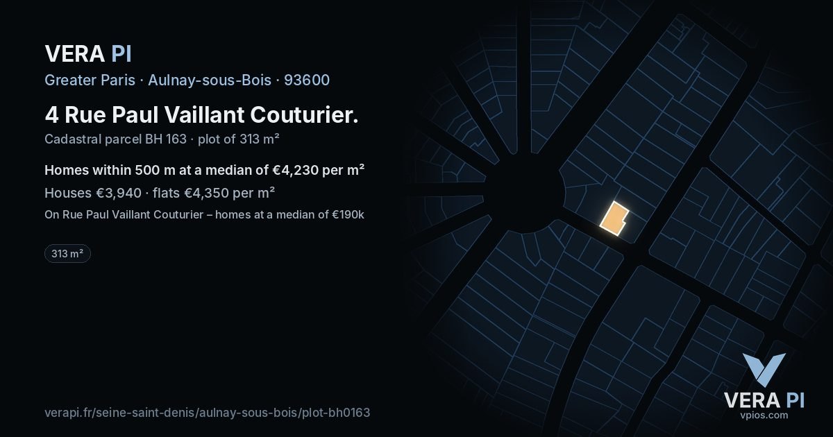 4 Rue Paul Vaillant Couturier, Aulnay-sous-Bois at night – the plot lit, the parcels around coloured by the prices near them