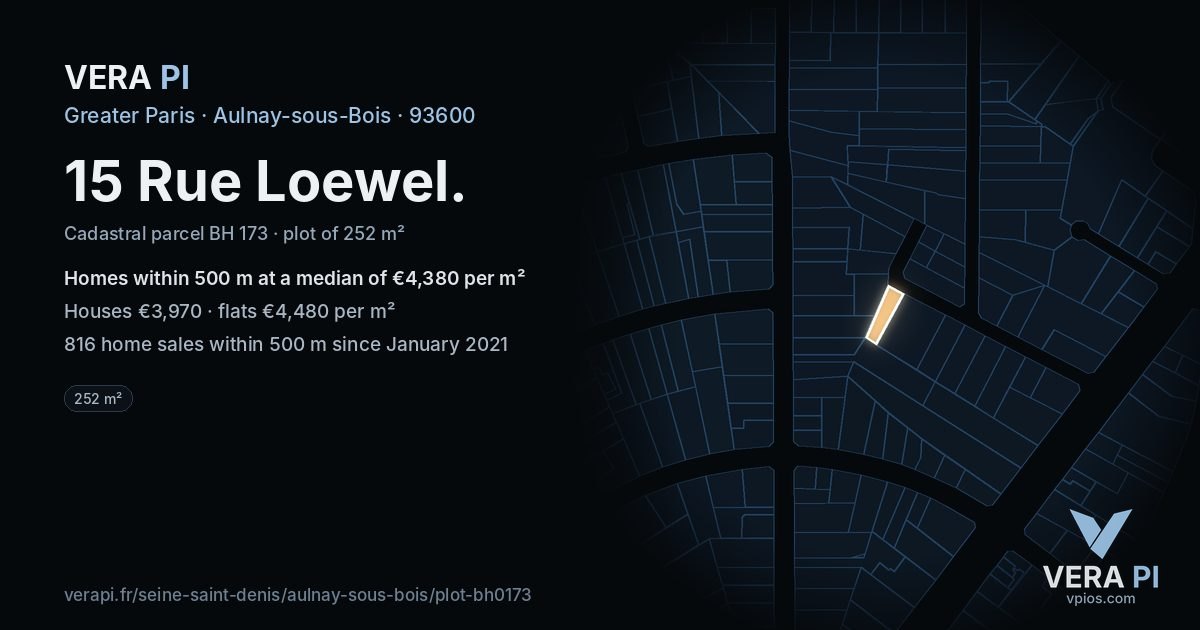 15 Rue Loewel, Aulnay-sous-Bois at night – the plot lit, the parcels around coloured by the prices near them