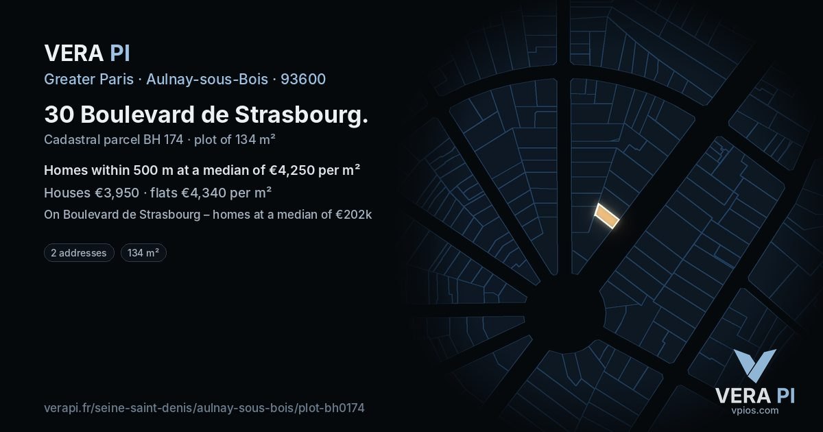 30 Boulevard de Strasbourg, Aulnay-sous-Bois at night – the plot lit, the parcels around coloured by the prices near them