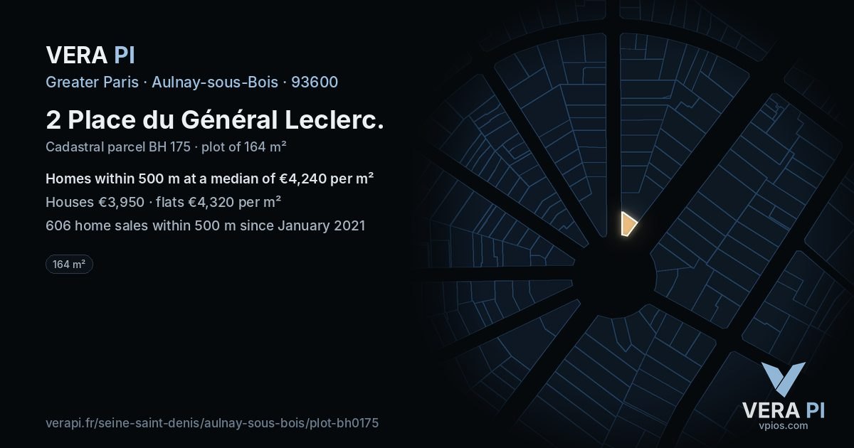 2 Place du Général Leclerc, Aulnay-sous-Bois at night – the plot lit, the parcels around coloured by the prices near them