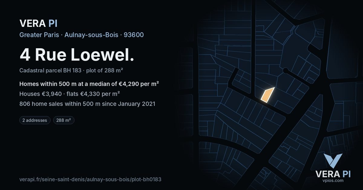 4 Rue Loewel, Aulnay-sous-Bois at night – the plot lit, the parcels around coloured by the prices near them