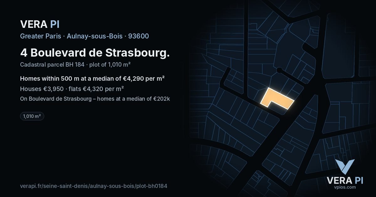4 Boulevard de Strasbourg, Aulnay-sous-Bois at night – the plot lit, the parcels around coloured by the prices near them