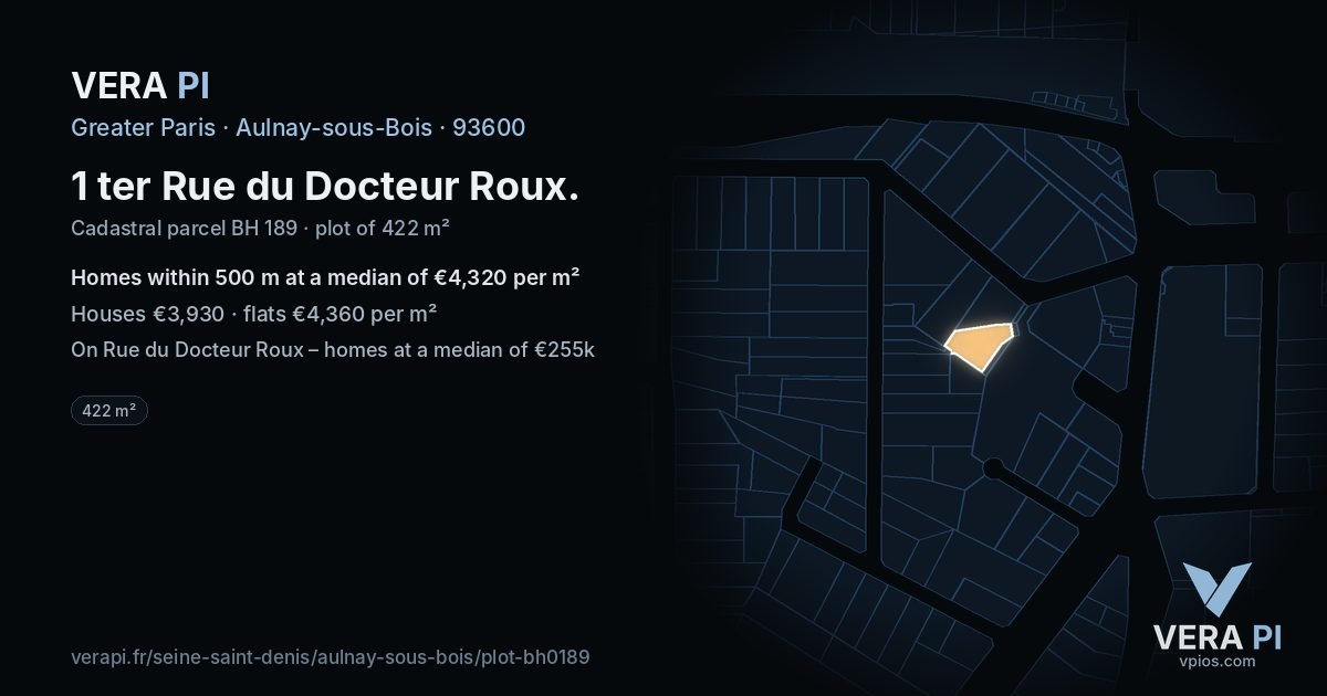 1 ter Rue du Docteur Roux, Aulnay-sous-Bois at night – the plot lit, the parcels around coloured by the prices near them