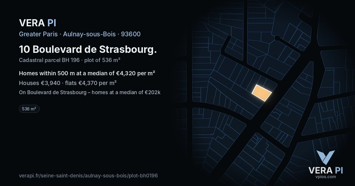 10 Boulevard de Strasbourg, Aulnay-sous-Bois at night – the plot lit, the parcels around coloured by the prices near them