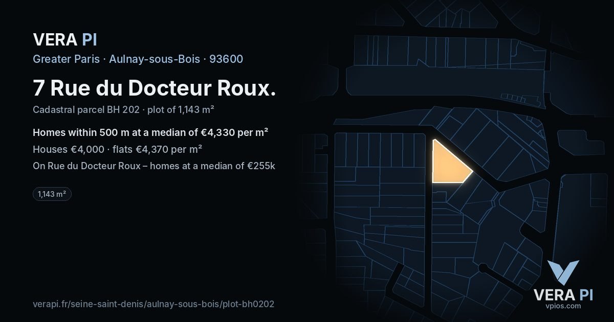 7 Rue du Docteur Roux, Aulnay-sous-Bois at night – the plot lit, the parcels around coloured by the prices near them