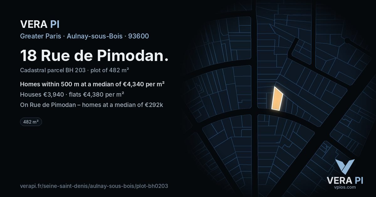 18 Rue de Pimodan, Aulnay-sous-Bois at night – the plot lit, the parcels around coloured by the prices near them