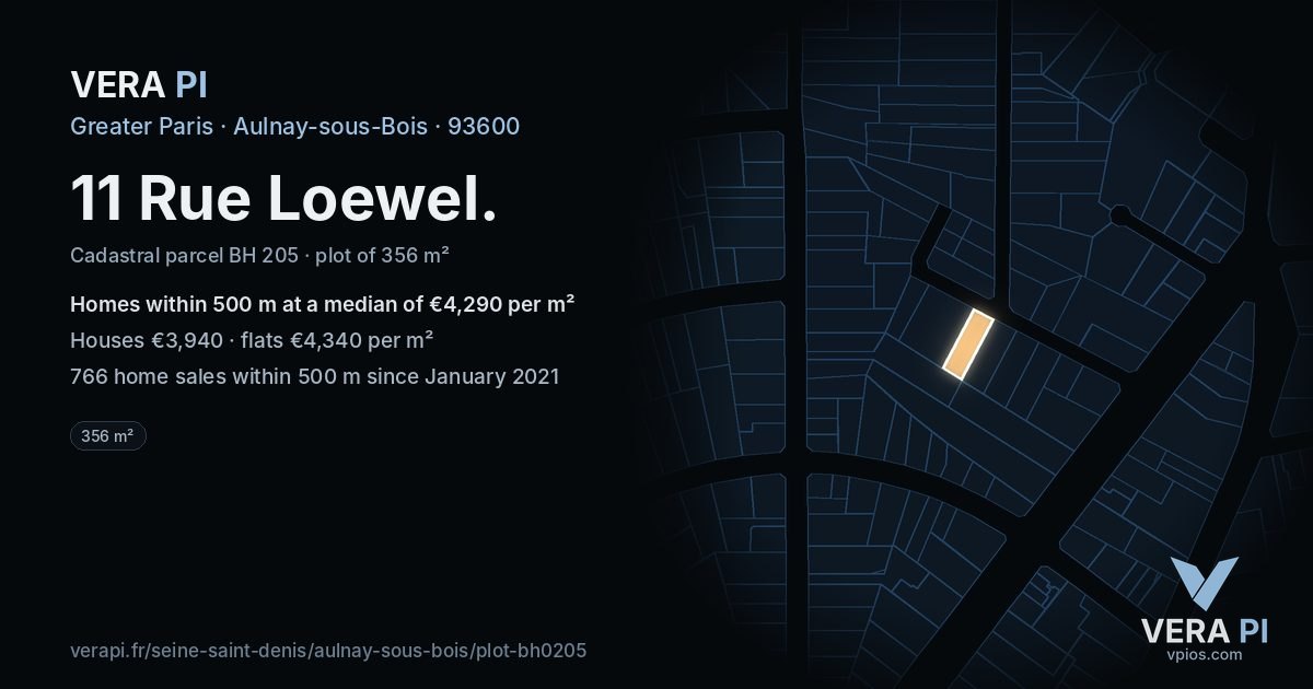 11 Rue Loewel, Aulnay-sous-Bois at night – the plot lit, the parcels around coloured by the prices near them