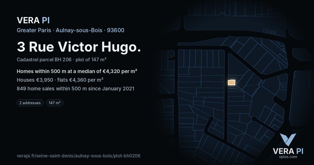 3 Rue Victor Hugo, Aulnay-sous-Bois at night – the plot lit, the parcels around coloured by the prices near them