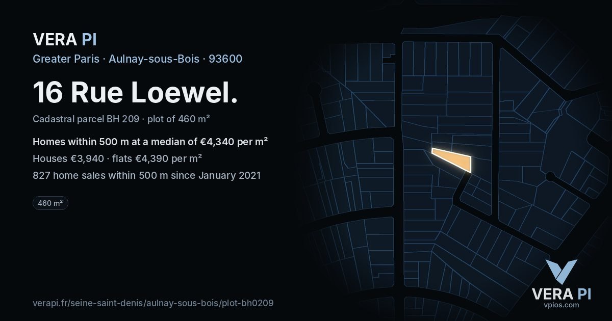 16 Rue Loewel, Aulnay-sous-Bois at night – the plot lit, the parcels around coloured by the prices near them