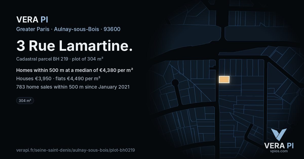 3 Rue Lamartine, Aulnay-sous-Bois at night – the plot lit, the parcels around coloured by the prices near them