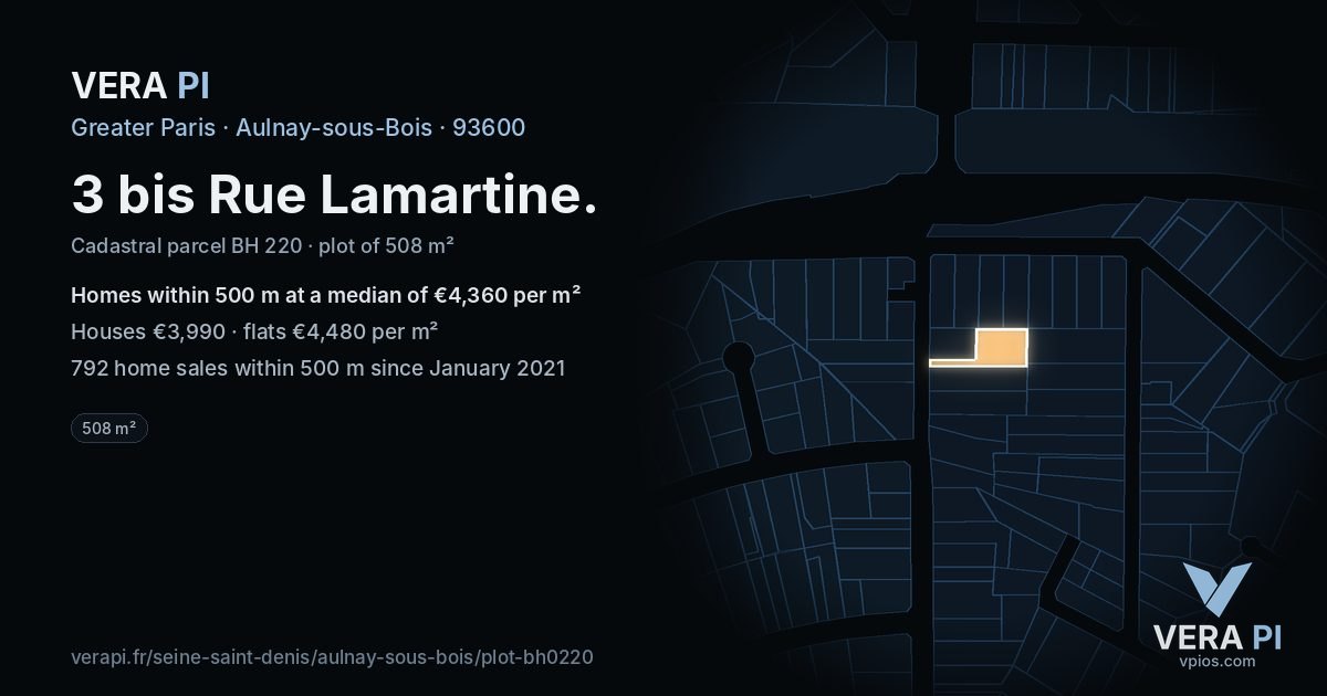 3 bis Rue Lamartine, Aulnay-sous-Bois at night – the plot lit, the parcels around coloured by the prices near them