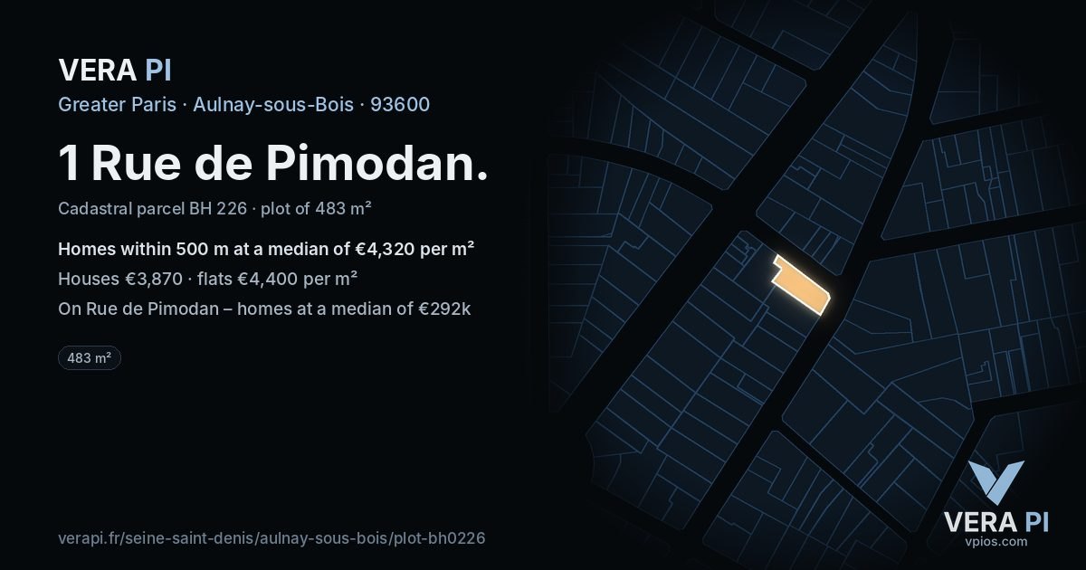 1 Rue de Pimodan, Aulnay-sous-Bois at night – the plot lit, the parcels around coloured by the prices near them