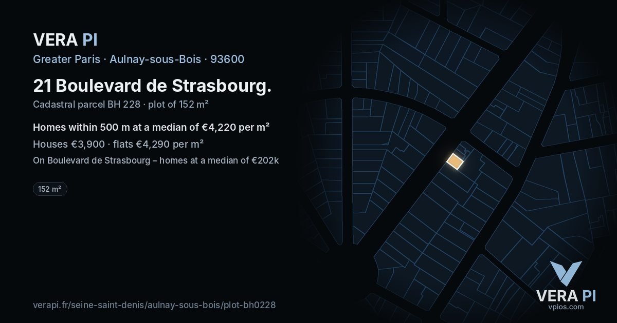 21 Boulevard de Strasbourg, Aulnay-sous-Bois at night – the plot lit, the parcels around coloured by the prices near them
