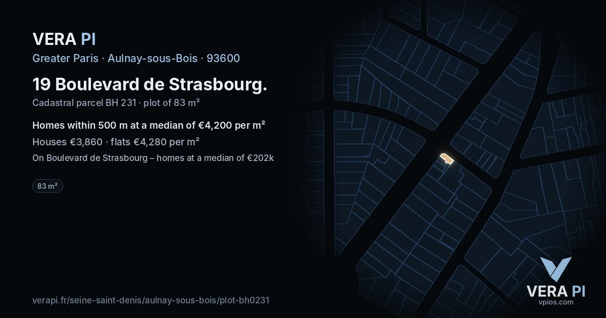 19 Boulevard de Strasbourg, Aulnay-sous-Bois at night – the plot lit, the parcels around coloured by the prices near them