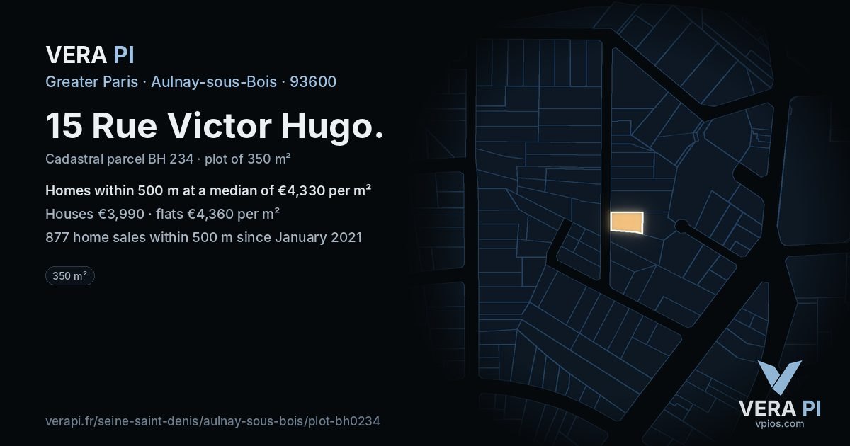 15 Rue Victor Hugo, Aulnay-sous-Bois at night – the plot lit, the parcels around coloured by the prices near them