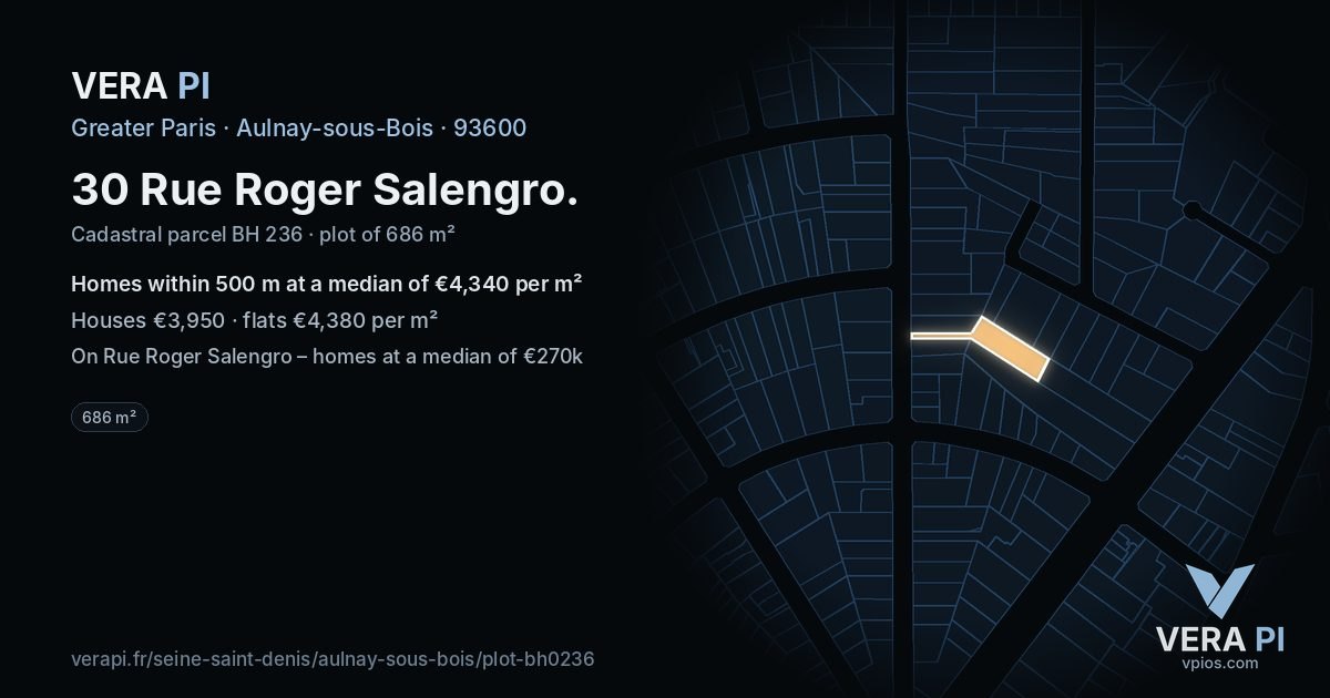 30 Rue Roger Salengro, Aulnay-sous-Bois at night – the plot lit, the parcels around coloured by the prices near them