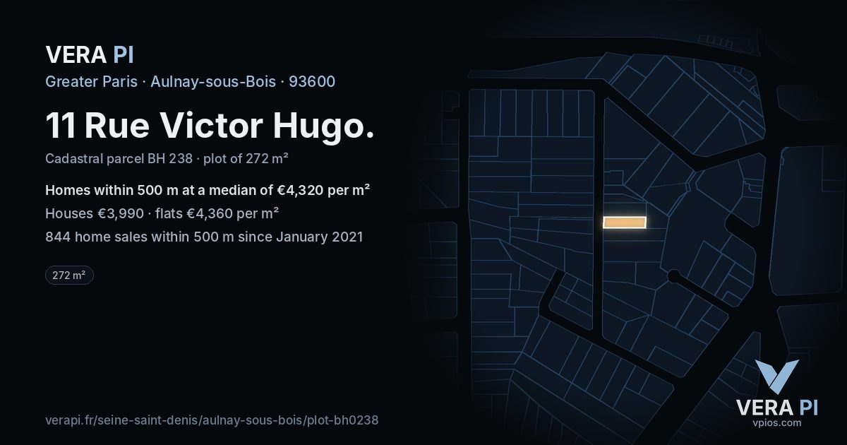 11 Rue Victor Hugo, Aulnay-sous-Bois at night – the plot lit, the parcels around coloured by the prices near them