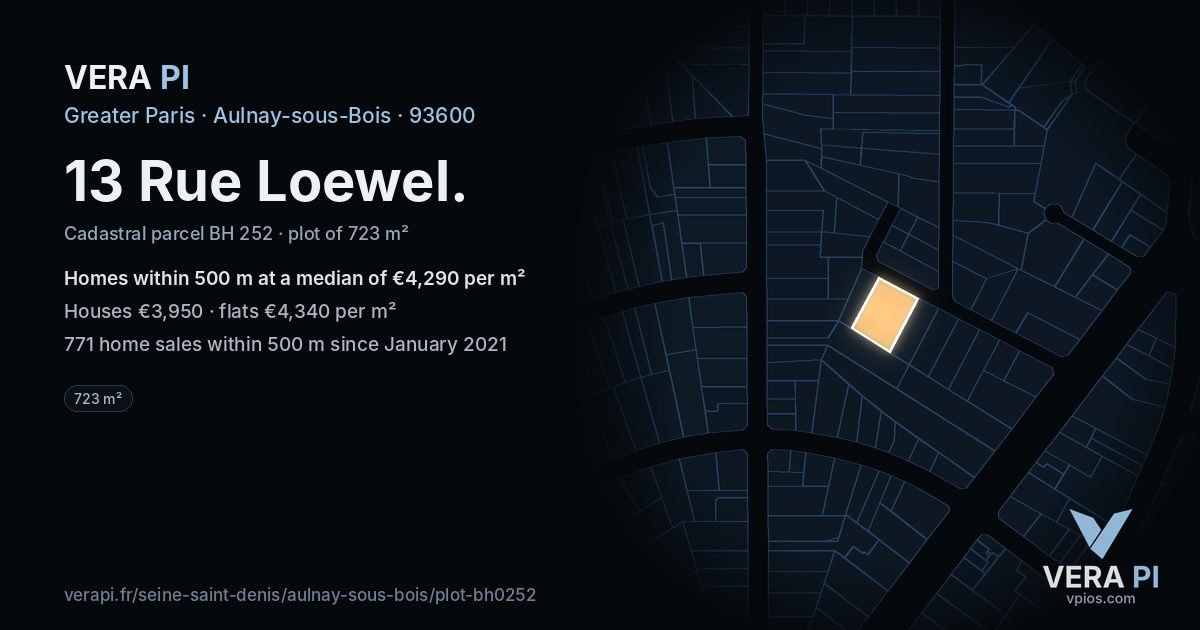 13 Rue Loewel, Aulnay-sous-Bois at night – the plot lit, the parcels around coloured by the prices near them