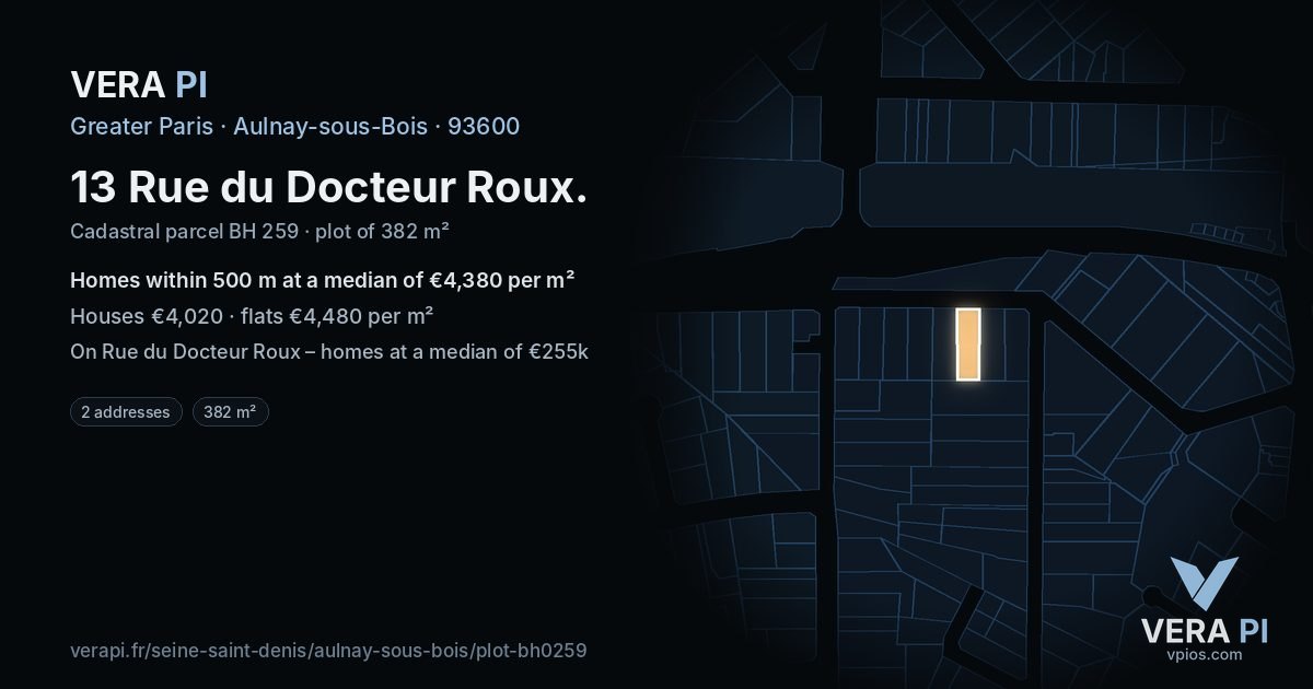 13 Rue du Docteur Roux, Aulnay-sous-Bois at night – the plot lit, the parcels around coloured by the prices near them