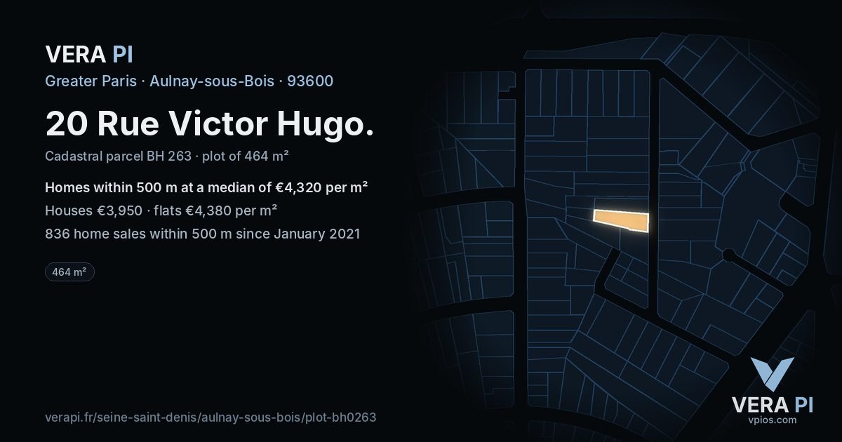 20 Rue Victor Hugo, Aulnay-sous-Bois at night – the plot lit, the parcels around coloured by the prices near them