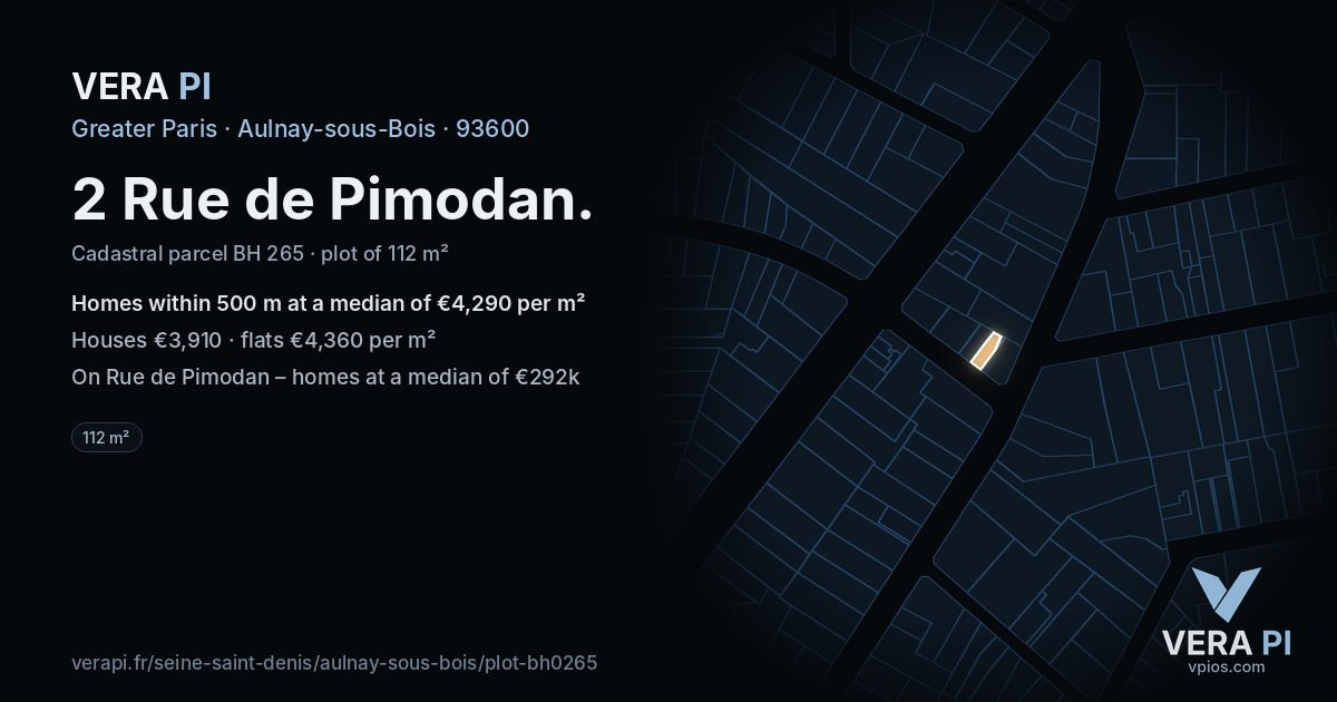 2 Rue de Pimodan, Aulnay-sous-Bois at night – the plot lit, the parcels around coloured by the prices near them