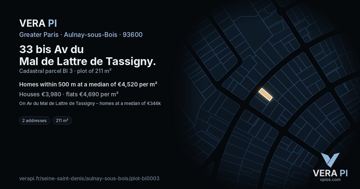 33 bis Av du Mal de Lattre de Tassigny, Aulnay-sous-Bois at night – the plot lit, the parcels around coloured by the prices near them