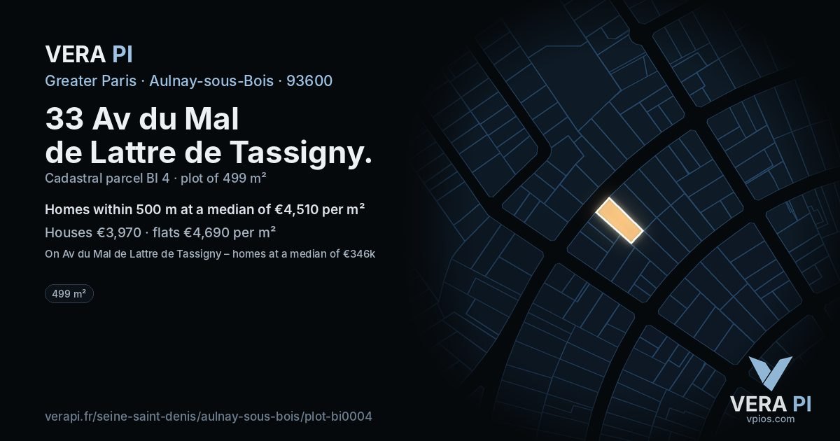 33 Av du Mal de Lattre de Tassigny, Aulnay-sous-Bois at night – the plot lit, the parcels around coloured by the prices near them