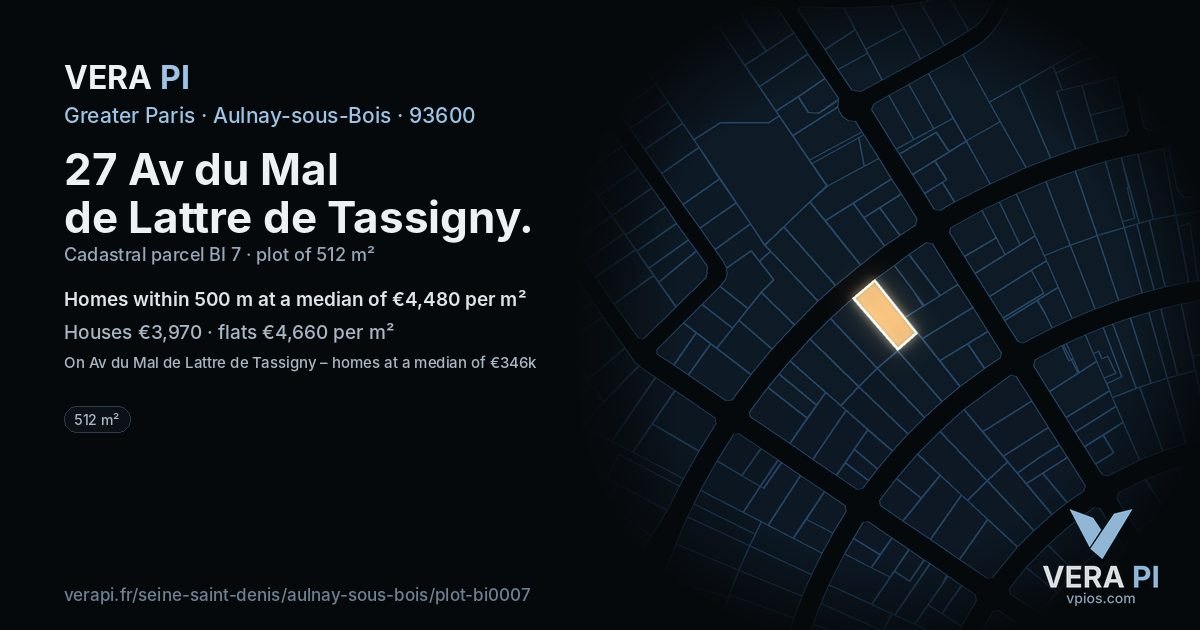 27 Av du Mal de Lattre de Tassigny, Aulnay-sous-Bois at night – the plot lit, the parcels around coloured by the prices near them