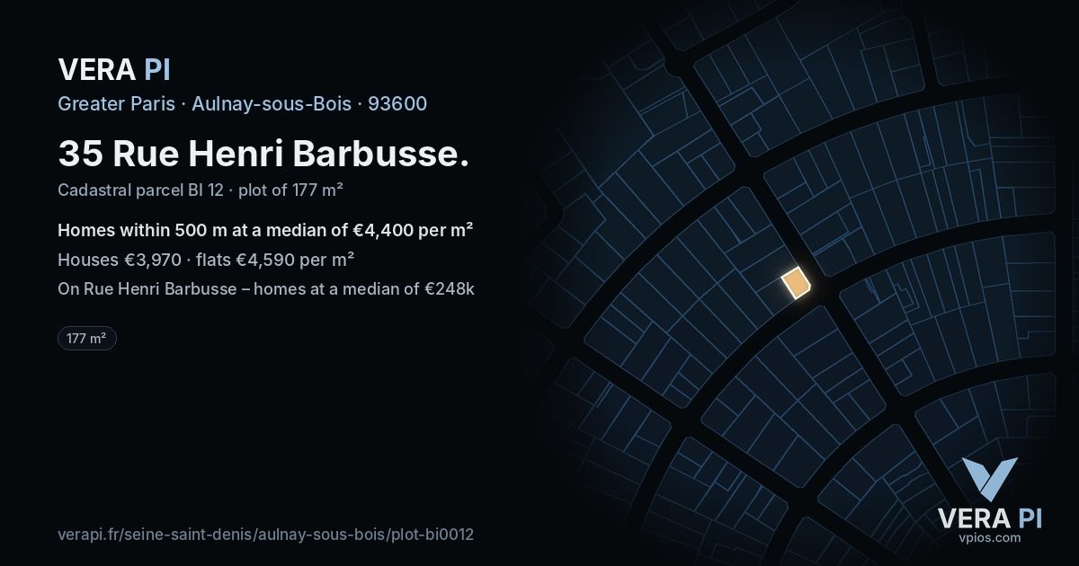 35 Rue Henri Barbusse, Aulnay-sous-Bois at night – the plot lit, the parcels around coloured by the prices near them